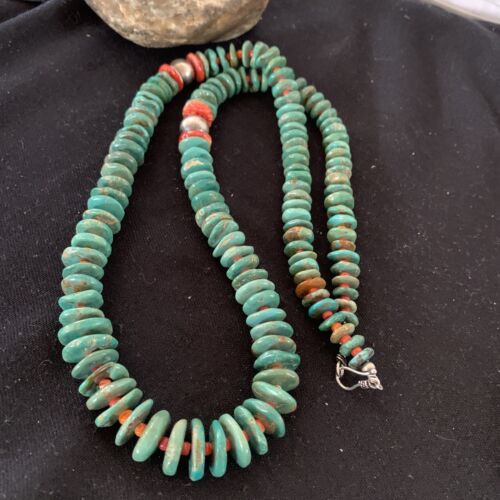 Authentic Native American Navajo Necklace | Sterling Silver | Green Turquoise & Spiny Oyster | 32" | 1670