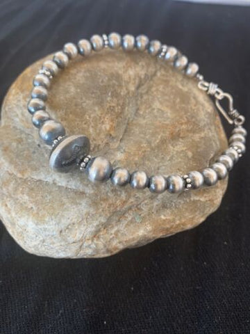 Southwestern Navajo Pearls Sterling Silver Handmade Bead Bracelet 14182