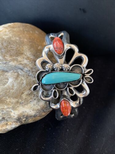 Men's Navajo Kingman Turquoise & Spiny Oyster Bracelet | Sterling Silver | Authentic Native American Handmade | 01031
