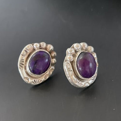 Navajo Sugilite Post Stud Earrings | Sterling Silver | Authentic Native American Handmade | 0.5" | 2068