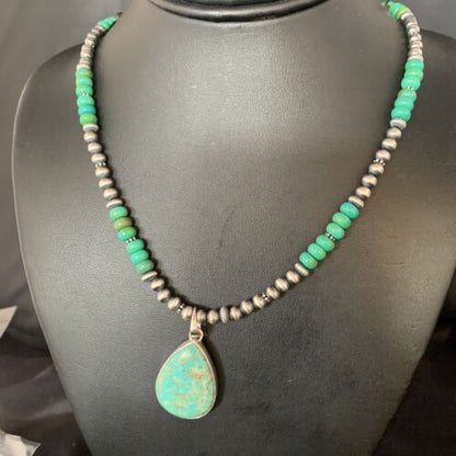 Navajo Pearl Green Royston Turquoise Pendant Necklace | Sterling Silver | 21" | Authentic Native American Handmade | 13911