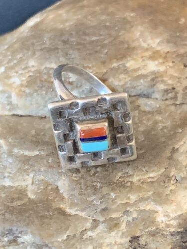 Navajo Blue Turquoise Coral Inlay Ring | Sz 5 | Authentic Native American Handmade | 13130