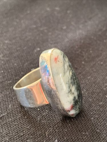 Southwestern Navajo Cinnabrite Ring | White Black | Sterling Silver | Sz 7.5 | 01561