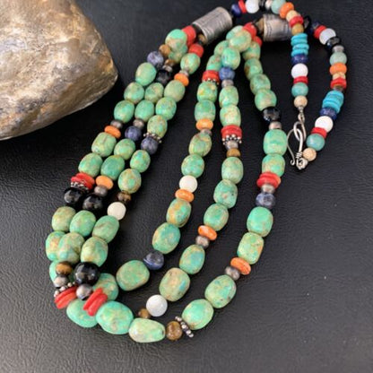 Navajo Multi-Color Green Turquoise Spiny 3-Strand Lapis Necklace | Sterling Silver | Authentic Native American Handmade | 13952