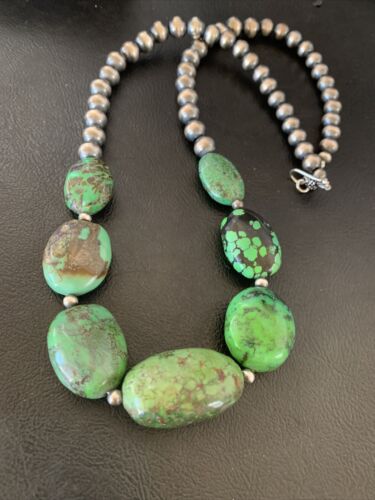 Chunky Navajo Graduated Natural Green Turquoise Necklace | Sterling Silver | Authentic Native American | 18" | 11769