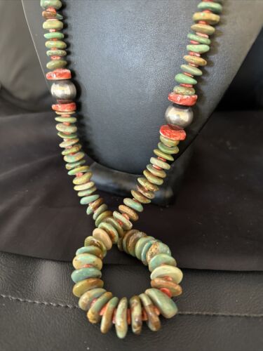 XL Green Turquoise & Red Spiny Oyster Navajo Sterling Silver Necklace | Authentic Native American | 32" | 14790