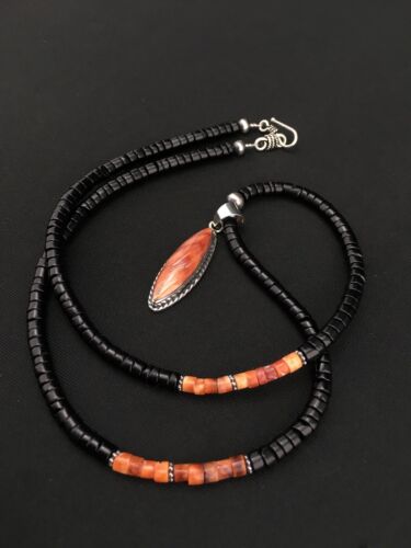 Spiny Oyster Pendant | Black Onyx Heishi | Navajo Sterling Necklace 22" | 4871