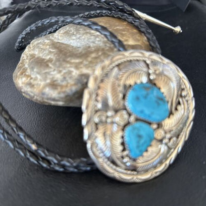 Native American Men's Bolo Tie | Blue Kingman Turquoise | Sterling Silver | Navajo Handmade | 14279