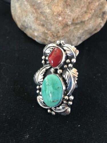 Navajo Royston Turquoise Coral Multi-Stone Men's Ring | Authentic Native American Sterling Silver | Sz 8 | 02218