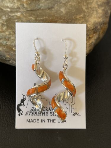 Navajo Snake Swirl Earrings | Orange Spiny Opal Inlay | Sterling Silver | 1.25" | Authentic Native American Handmade | 1549