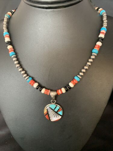 Zuni Multi-Color Turquoise Onyx Necklace | Sterling Silver Inlay Pendant | Authentic Native American Handmade | 13800