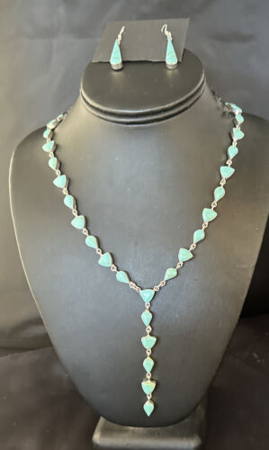 Navajo Kingman Turquoise Lariat Necklace & Earrings Set | Sterling Silver | 24" Necklace | Authentic Native American Handmade | 14646