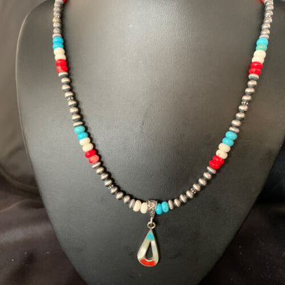 Navajo Pearls Wild Horse Turquoise Necklace Inlay Pendant | Sterling Silver | Authentic Native American Handmade | 13885