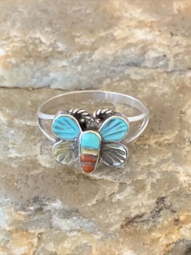 Navajo Blue Turquoise Butterfly Ring | Authentic Native American Sterling Silver | Multi-Stone | Sz 7.5 | 10785