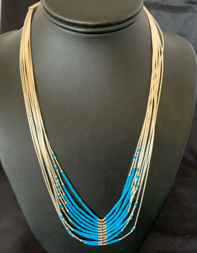 Liquid Silver Heishi 10-Strand Necklace | Sterling Silver Pendant with Turquoise | 12295