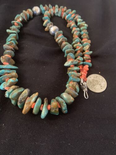 Navajo Green Turquoise & Spiny Oyster  Necklace | Sterling Silver | 26" Graduated | Authentic Native American | 00609