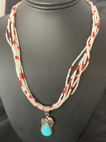 Navajo Red White Coral Turquoise Pendant | Sterling Silver Necklace 18" | Multi-Strand | 12056