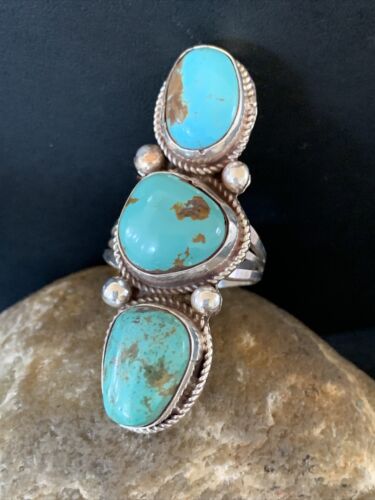 Navajo Blue Turquoise Cluster Ring | Authentic Native American Sterling Silver | Multi-Stone | Sz 10 | 02124