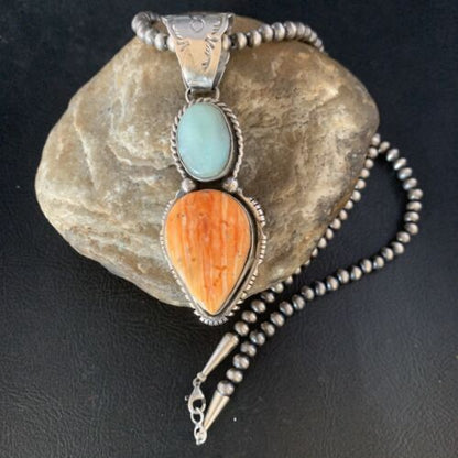 Navajo Dry Creek Turquoise Spiny Necklace Pendant | Sterling Silver | 2.5" | 13581