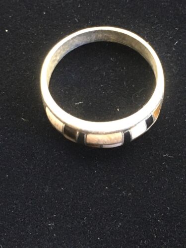 Navajo Sterling Silver Onyx & Picture Jasper Inlay Ring | Sz 13.5 | Authentic Native American Handmade | 01592