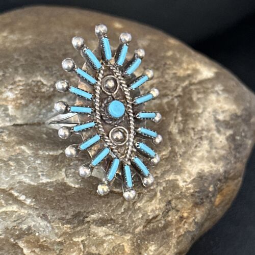 Zuni Blue Turquoise Cluster Needle Point Ring | Authentic Native American Sterling Silver | Multi-Stone | Sz 9 | 14568