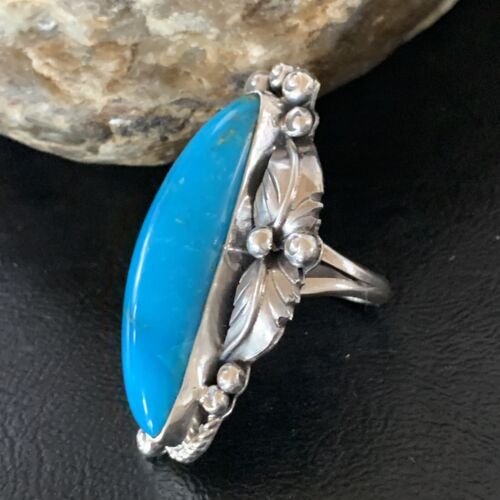 Navajo Blue Kingman Turquoise Ring | Sterling Silver Feather | Sz 9.5 | Authentic Native American Handmade | 10853