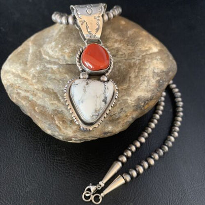 Navajo White Buffalo Turquoise Coral Pendant | Sterling Silver | Multi-Stone Necklace | 13578