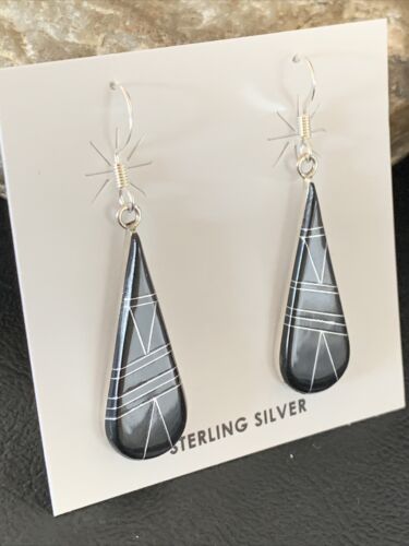 Navajo Black Onyx Inlay Dangle Drop Earrings | Sterling Silver | 1.5" | 12312 - Masha USA