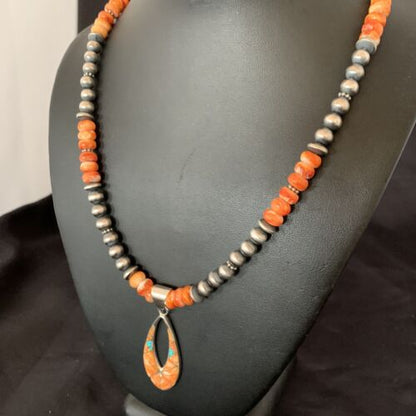 Navajo Pearls Sterling Silver Necklace | Orange Spiny Oyster Inlay Pendant | Authentic Native American Handmade | 11318
