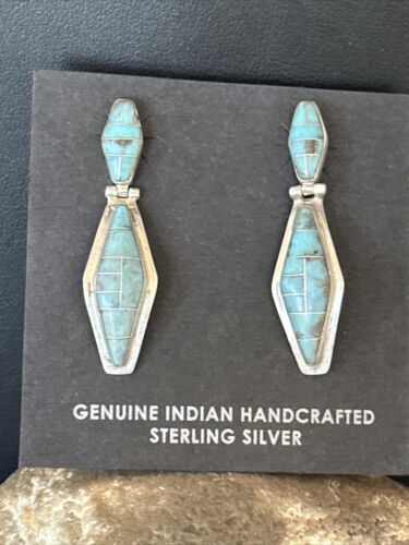 Navajo Blue Turquoise Inlay Earrings | Sterling Silver | 1" | Authentic Native American Handmade | 14775
