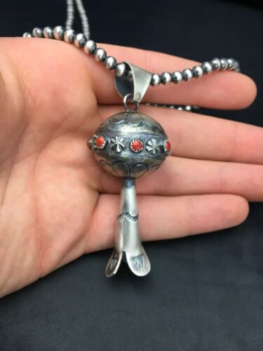 Navajo Red Coral Naja Pendant Necklace | Sterling Silver | Authentic Native American Handmade | 2619