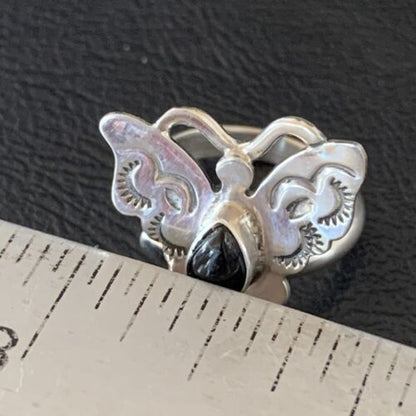Southwestern Navajo Black Onyx Butterfly Ring | Sterling Silver | Adj Sz 8 | 10385