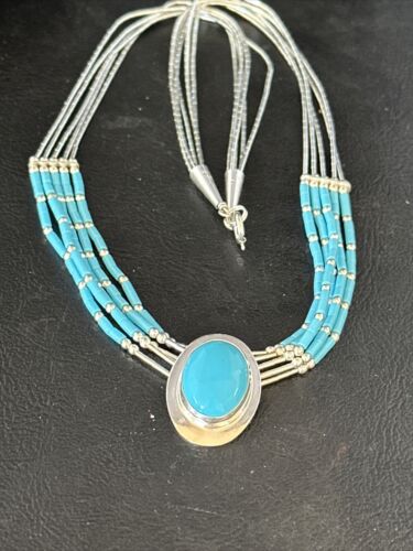 Navajo Liquid Silver Heishi 5-Strand Necklace | Turquoise Pendant | Sterling Silver | 14821