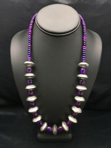Navajo Sugilite Necklace | Sterling Silver Stamped Beads | 22" | Authentic Native American Handmade | 2702