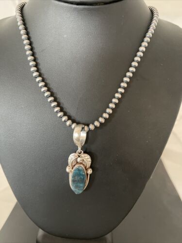 Men's Navajo Sterling Silver Beads Necklace | Denim Lapis Pendant | 2" | Authentic Native American Handmade | 1211