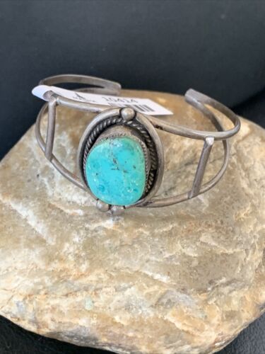 Native Old Pawn Navajo Sterling Silver Kingman Turquoise Bracelet 10414