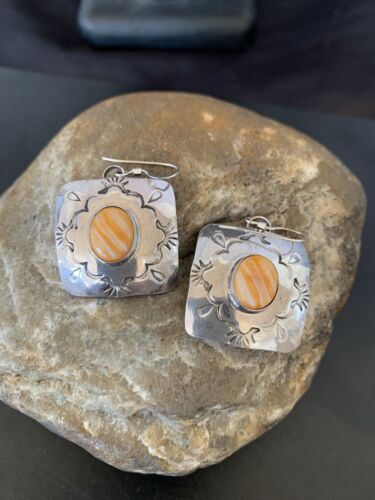 Navajo Sterling Silver Earrings with Gold Orange Spiny Oyster | Authentic Native American Handmade | Set2076