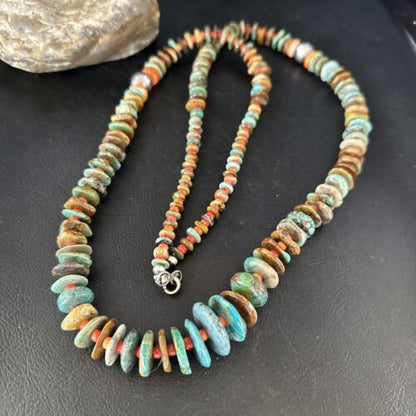 Navajo Turquoise & Red Spiny Oyster Necklace | Sterling Silver | Authentic Native American | 32" | 14381