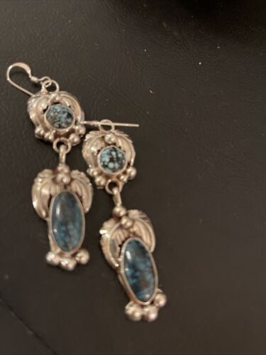 Navajo Spiderweb Turquoise Dangle Earrings | Sterling Silver | Authentic Native American Handmade | 1236