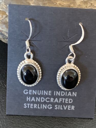 Native American Navajo Black Onyx Drop Earrings | Sterling Silver Dangle | 0.5" | 12647