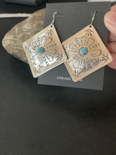 Navajo Turquoise Stamped Earrings | Sterling Silver | Authentic Native American Handmade | 1205