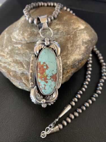 Men's Navajo Blue Dry Creek Turquoise Pendant | Sterling Silver Pearl Necklace | Native American Handmade | 12971