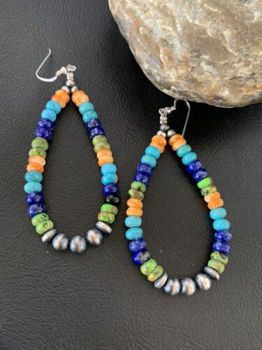 Navajo Multi-Color Lapis Spiny Turquoise Dangle Earrings | Sterling Silver | Authentic Native American Handmade | 12978