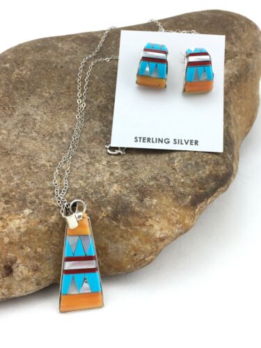 Navajo Multi-Stone Inlay Pendant Necklace & Earrings Set | Sterling Silver | Authentic Native American Handmade | 4741