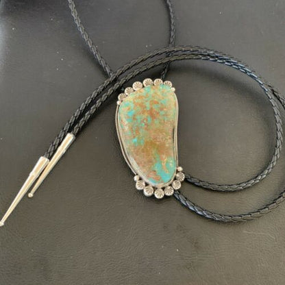 Navajo Royston Turquoise Bolo Tie | Sterling Silver | Authentic Native American Handmade | 12363