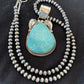Blue Kingman Turquoise Pendant | Sterling Silver Navajo Pearls Men's Necklace 21" | 808