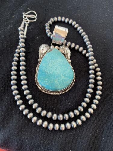 Blue Kingman Turquoise Pendant | Sterling Silver Navajo Pearls Men's Necklace 21" | 808