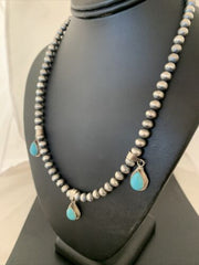 Navajo Handmade Sterling Silver Turquoise Necklace | 3 Teardrop Pendants | Authentic Native American | 1952