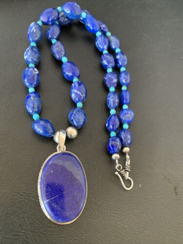 Navajo Blue Lapis Turquoise Pendant Necklace | Sterling Silver | 20" | Authentic Native American Handmade | 10522