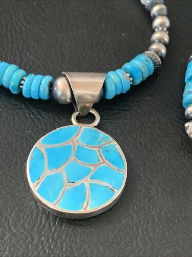 Southwestern Zuni Turquoise Necklace | Sterling Silver Inlay Pendant | Authentic Native American Handmade | 2089